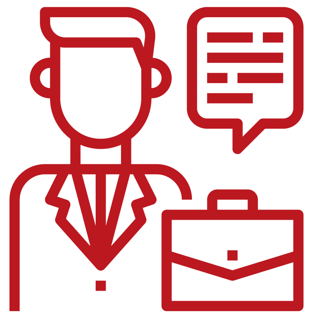 Icon of a person wearing a suit and tie next to a checklist and a speech bubble, highlighting quality pre-owned GSE.